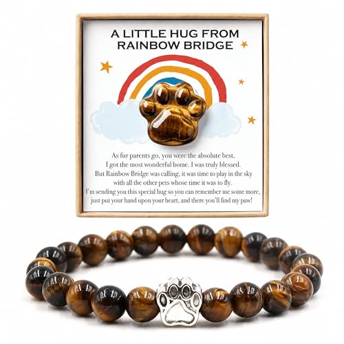 Cat Memorial Gifts for Loss of Cat Sympathy Gift Memorial Stones Bracelet - color: Tiger Eye Rainbow Memorial Gift Set