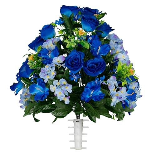 Sympathy Silks Artificial Cemetery Flowers - Gravesite Flowers - Blue Roses and Hydrangeas - size: Bouquet