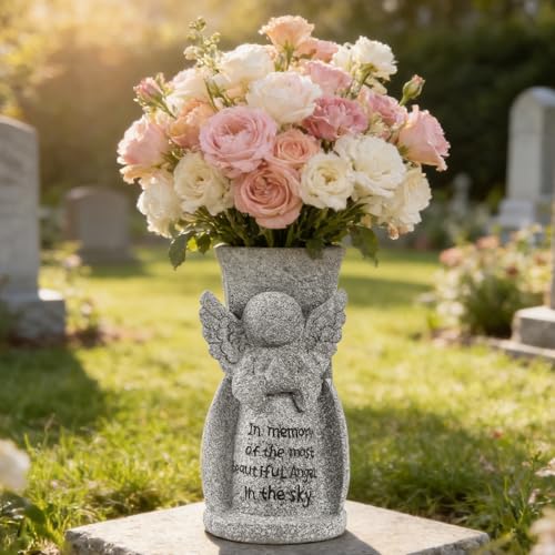 HUYIENO Solar Cemetery Flower Vase Angel Memorial Vase for Grave Outdoor Waterproof Cemetery Decorations with Metal Spikes Sympathy Loss Gift Memorial Gifts - style: Angel