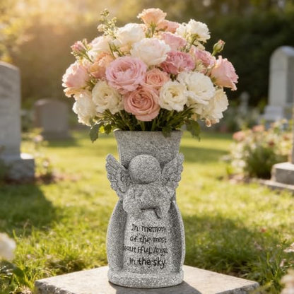 HUYIENO Solar Cemetery Flower Vase Angel Memorial Vase for Grave Outdoor Waterproof Cemetery Decorations with Metal Spikes Sympathy Loss Gift Memorial Gifts - style: Angel