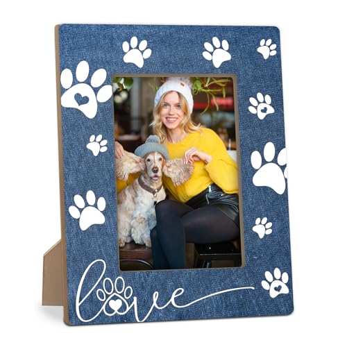 Dog Lover Photo Frame 4x6, Wooden Paw Print Picture Frame with Holder, Memorial Gift for Dog Owners, Pet Lovers Desktop Display, Home & Office Decor (Denim blue)- C12 - color: Denim blue