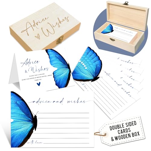 Blue Butterfly Advice and Wishes Cards with Box - 50 Pcs Advice Cards for Wedding, Bridal Shower, Baby Shower, Well Wishes Box for Graduation, Christmas, Birthday Party Decorations -A06 - color: White