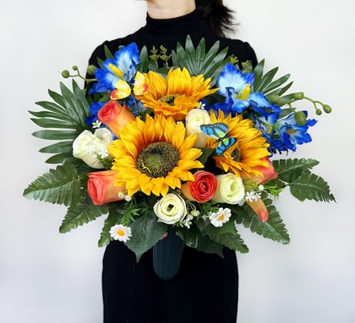 Artificial Cemetery Flowers for Grave Decorations: Sunflower, Rose, Cattleya Bouquet with Vase – Ideal for Sympathy & Memorial Tributes