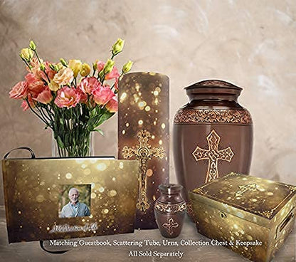 Bronze Cross Keepsake Urns for Human Ashes with Velvet Gift Box for Cremation Keepsakes for Ashes - Small Cremation Urn and Small Keepsake Urn Set of 4 - color: Brushed Bronze Cross