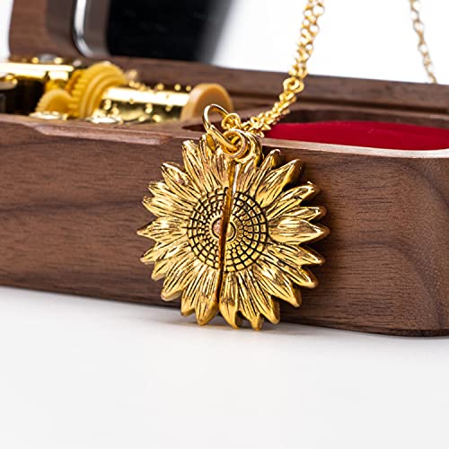 BELLA GLOBE You Are My Sunshine Music Box with You Are My Sunshine Sunflower Necklace Gift for Women Mom Grandma Daughter Sunflower Pendant Necklace in Wind Up Wood Jewelry Music Box - color: Music Box with Necklace
