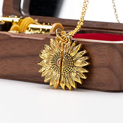BELLA GLOBE You Are My Sunshine Music Box with You Are My Sunshine Sunflower Necklace Gift for Women Mom Grandma Daughter Sunflower Pendant Necklace in Wind Up Wood Jewelry Music Box - color: Music Box with Necklace
