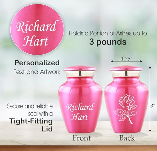 The Loving Memorial Small Keepsake Urns for Human Ashes Set of 4 - Mini Cremation Urns with Velvet Pouches and Gift Box - Pink Rose Engraved Sharing Memorial Urns