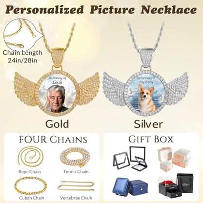HJX Custom Circle Chain with Wings, Memorial Picture Necklace for Men Womem - color: 7-wing
