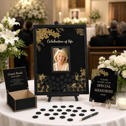 Geelin 56 Pcs Funeral Guest Book Alternatives Set for Memorial Service Elegant Celebration of Life in Loving Memory with 80 Pcs Box Heart Wooden Sign and Pens Funeral Supplies(Black) - color: Black
