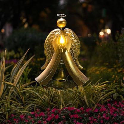 Homight Solar Garden Stake Light - Metal Angel Solar Warm Stake Light Memorial Gift - Outdoor Bronze Angel Bell Candle Prayer Metal Lamp - Waterproof Garden Lawn Patio Gift