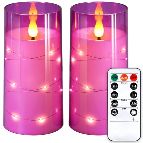 NURADA 3"x6"Flickering Flameless Candles: Built-in Star String Lights 3D Wick Battery Operated LED Pillar Candles with Remote and Timer for Table Wedding Centerpieces Party - 2 Pack Purple - color: Purple, size: 6-6 inches