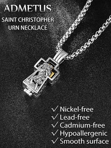ADMETUS Patron Saint Cross Urn Necklace 925 Sterling Silver Cremation Jewelry for Ashes Memorial Gifts for Men with 2.5mm 22"+2" Rolo Chain - style: A20-Saint Christopher