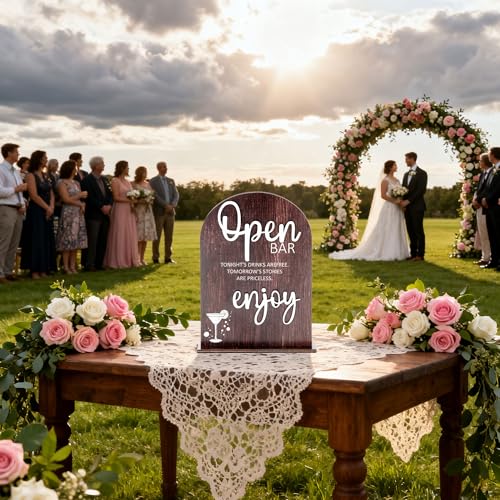 Wood Open Bar Sign Modern Calligraphy for Wedding Drink Station | Modern Calligraphy, Rustic Wooden, Table Top, Wedding Reception and Event Party - color: Brown-Open Bar