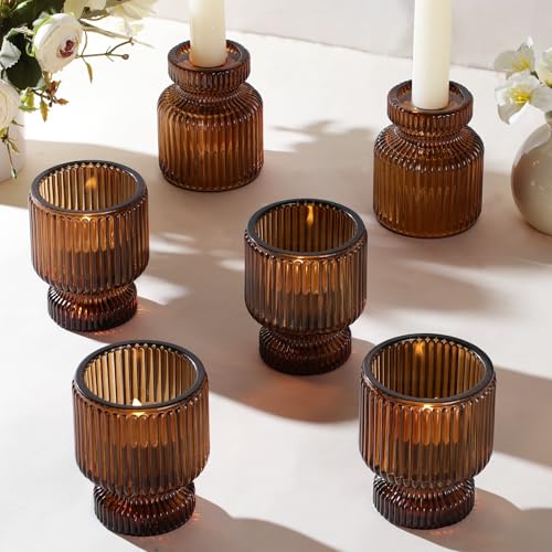 DARJEN 6 Pcs Amber Candlestick Holders - Glass Taper Candle Holders Tealight Votive Candle Holders for Table Centerpieces, Wedding, Dinner Party, Home, Gifts - color: Amber, size: 6Pcs