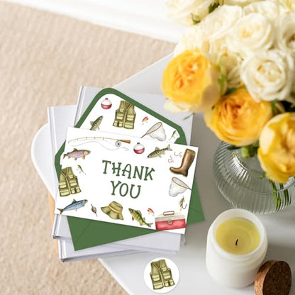 FYSUIMU 24Pcs Fishing Thank You Cards Fishing Rod Fishnet Note Card with Envelopes Stickers Green Blank Greeting Card for Fish Party Birthday Supplies - style: Fishing Rod