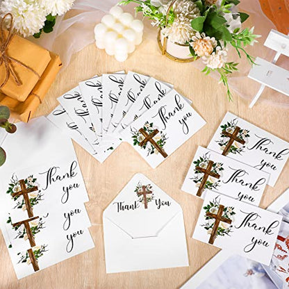 Spakon 50 Pack Funeral Thank You Cards with Envelopes and Stickers Bulk 4x6 Inch Sympathy Bereavement Thank You Cards with Message Floral Cross for Funeral Family, Celebration of Life(Cross)