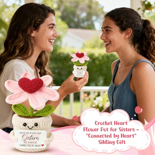 Good Bye Gifts for Women Sisters - Crochet Heart Flower Plant - Birthday Gifts for Sis Soul Sissies BFF Bestie Best Friends Work Sister - Long Distance Relationship Keepsake - color: Sisters1