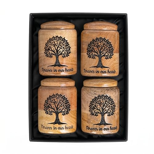 Tree of Life Wooden Cremation Urns Set of 4 - Forever in Our Hearts Engraved Keepsake Multi-Pack - 3 Cu in Small Memorial Burial Boxes for Human Ashes Adult - size: Keepsake Set of 4