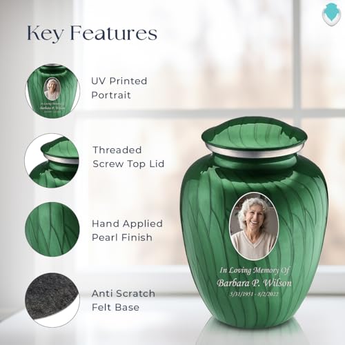 Geturns Embrace Adult Personalized Picture Cremation Urns for Human Ashes I Large Photo Pearl Green Funeral Urn for Men and Women I 200 lbs - color: Pearl Green