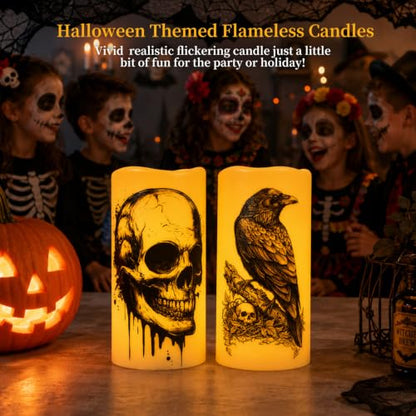 Amagic 3"x6" Halloween Flameless Candles, Waterproof LED Pillar Candles - color: Skeleton + Raven, size: 2 Pack, D3"xH6"