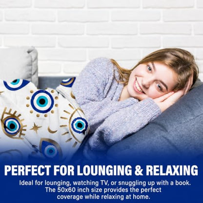 Evil Eye Fleece Flannel Blanket 50x60, Soft Lightweight Cozy Throw Blanket | Blue Evil Eye And Hamsa Hand Design For Home, Dorm, Meditation Rooms, Birthdays, Housewarmings And Spiritual Gifts - color: White