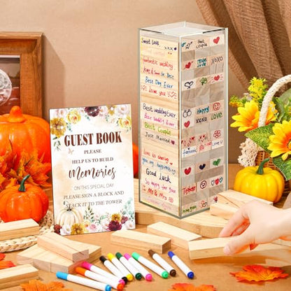 Beeveer 80 Pcs Wedding Guest Book Alternative Wooden Block Guest Book for Wedding Sign in Bridal Shower Decoration 54 Pcs Wooden Block Bridal Shower Game for Sign in, Reception(Pumpkin) - style: Pumpkin