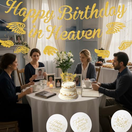 Happy Birthday in Heaven Decorations, Gold Glitter Heavensent Banner Set | Pre-strung Banners, Angel Wings Hanging Swirls Cake Topper White Balloons, Funeral Remembrance Heavenly Party Supplies - color: Gold