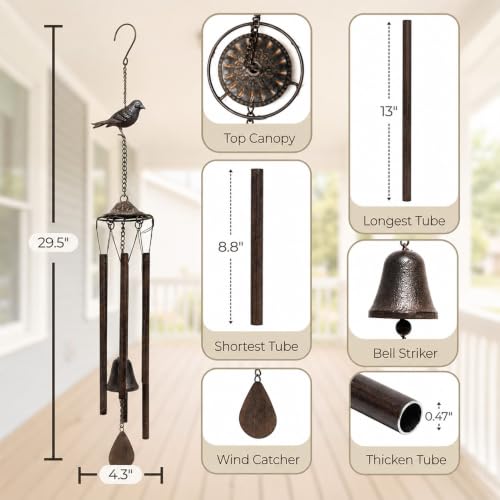 Bird Wind Chimes for Outside, 29.5-Inch Metal Memorial Sympathy Garden Gift