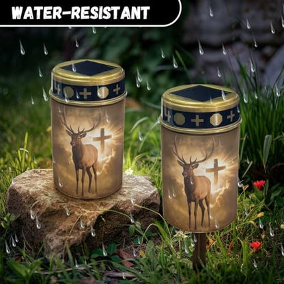 Poceacles Solar Candle Cemetery Solar Lights for Grave LED Garden Flameless Powered Pathway Lights Outdoor Waterproof with Dusk to Dawn Sensor, Brown Deer Cross Pattern - color: Brown - Deer Cross Pattern