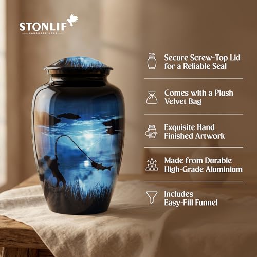 Large Gone Fishing Urn for Human Ashes Adult Male Female - 200 Cubic Inches Decorative Cremation Urn for Dad, Men - Full Size Blue Burial Urn with Velvet Bag and Easy-Fill Funnel - size: Large