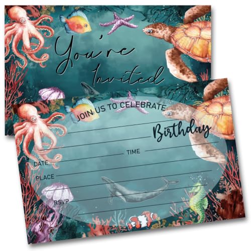 Ocean Birthday Invitations Pool Turtle Party Cards with Envelopes 20 pcs - color: Blue Ocean