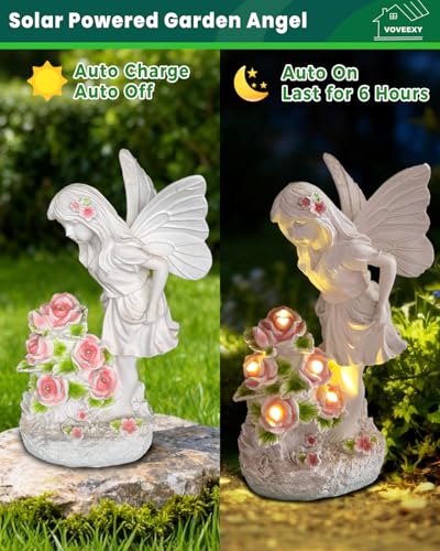 Voveexy Garden Figurines Angel Garden Statue Outdoor Decor, Solar Powered Resin Sculpture with 5 LEDs Art Decoration for Patio Lawn Yard Porch, Ornament Housewarming Gift, 11“ H