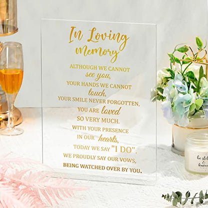 Qunclay Memorial Table Sign Loving Memory with Stand for Wedding,Elegant | 8.3 X 11 Inch Acrylic Sign, Gold Printed Text, Clear Stand, Reception Funeral Table Decor, Elegant Remembrance Gift