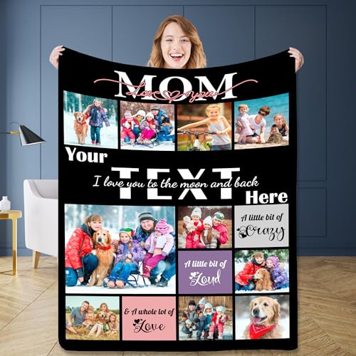 Birthday Gift for Mom Personalized 10 Pictures Throw Blanket Using Own Photos & Text Custom Soft Flannel Fleece Blanket for Adult Mom Grandma Family on Mother's Day Anniversary Christmas - color: Style 34