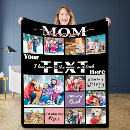 Birthday Gift for Mom Personalized 10 Pictures Throw Blanket Using Own Photos & Text Custom Soft Flannel Fleece Blanket for Adult Mom Grandma Family on Mother's Day Anniversary Christmas - color: Style 34