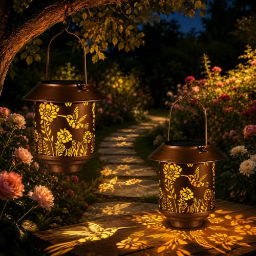 2 Pack Solar Lantern Outdoor Hanging, Gifts for Women Mom （Hummingbirds ） | Metal Garden Lantern with Flower Shadow Projection, Decorative Solar Light for Patio Porch Yard Tree Garden Lovers - color: b-Hummingbird-2PC