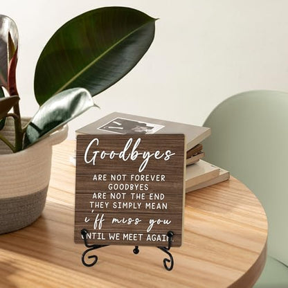 In Loving Memory Gifts for Loss of Loved One, Rustic Goodbyes Are Not Forever Wooden Sign, Memorial Quotes Wood Plaque With Iron Stand for Home Office Bedroom -1 - style: Dark Brown