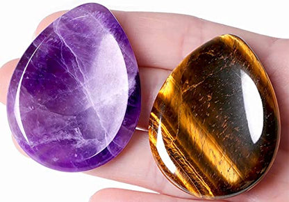 QINJIEJIE 2PCS Worry Stone Amethyst Tiger's Eye Healing Crystals Hand Carved Gemstones Thumb Pocket Stones Meditation Crystal Reiki Water Drop Shaped Palm Stone for Anxiety Therapy - color: D-amethyst & Tiger's Eye - Water Drops Shaped