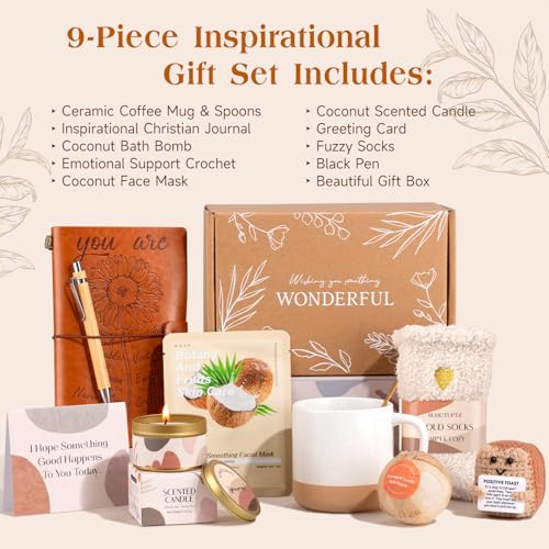 Christian Gifts for Women, Happy Birthday Gifts for Women, Inspirational Gift Box, Mothers Day Get Well Employee Appreciation Thank You Gifts for Mom Friend Teacher, 9pcs Unique Set - color: Khaki