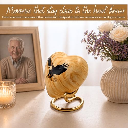 Eagle Fly Heart Keepsake Urn - Eagle Sharing Urn - Handcrafted Mini Memorial Cremation Urn for Human Ashes with Display Stand & Velvet Box (Heart Keepsake)