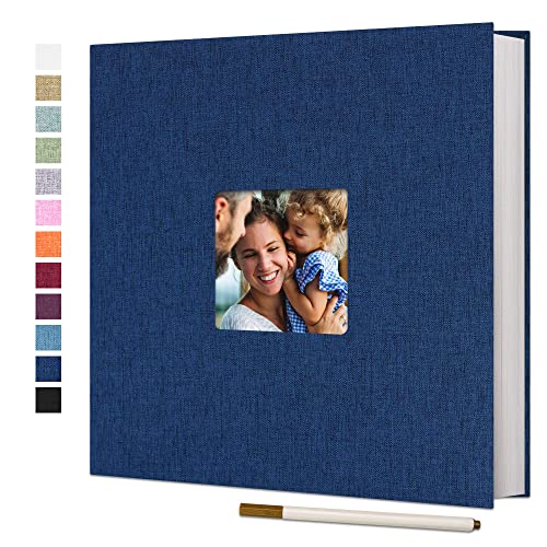 Vienrose Large Self Adhesive Photo Album with Window 11x10.6 60 Pages Blue | Linen Cover, Scrapbook, Fits 4X6 8X10 Pictures, Metallic Pen Included, Diy - color: Blue, size: 11"x10.6" 60Pages