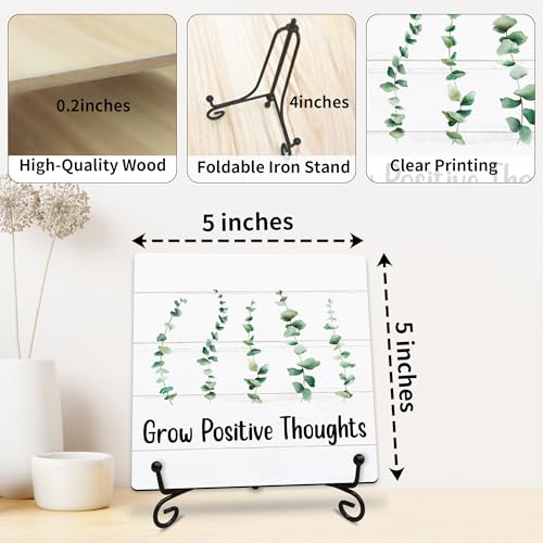 Grow Positive Thoughts Wooden Sign - 5" Inspirational Quotes Wooden Plaque With Metal Support - Greenery Rustic Tabletop Home, Office, Classroom Decor - Housewarming Gifts For Family & Friends - A03 - style: Grow Positive Thoughts