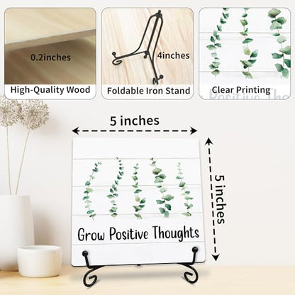Grow Positive Thoughts Wooden Sign - 5" Inspirational Quotes Wooden Plaque With Metal Support - Greenery Rustic Tabletop Home, Office, Classroom Decor - Housewarming Gifts For Family & Friends - A03 - style: Grow Positive Thoughts