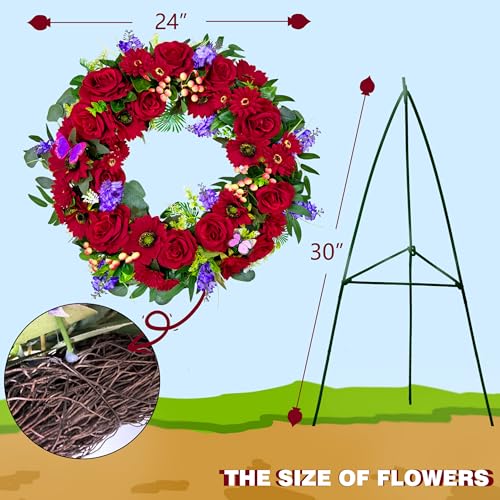 Cemetery Wreath for Grave, Red Roses Memorial Wreath with 30 Inch Easeal Stand, Fade-Resistant