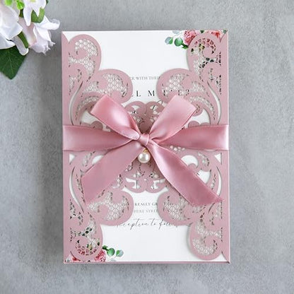 20Pcs Dusty Rose Laser Cut Wedding Invitation Cards With Envelopes - color: Dusty Rose