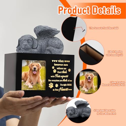 Pet Memorial Urns for Dog Ashes Box, Large Wooden Pet Dogs Urns with Dog Angel and Photo Frame, Memorial Keepsake Memory Box, Loss Pet Puppy Memorial Black Funeral Cremation Box Remembrance Gift