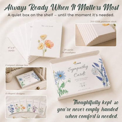 24 Box of Sympathy Cards with Envelopes - 4×6", 300 GSM - color: Floral