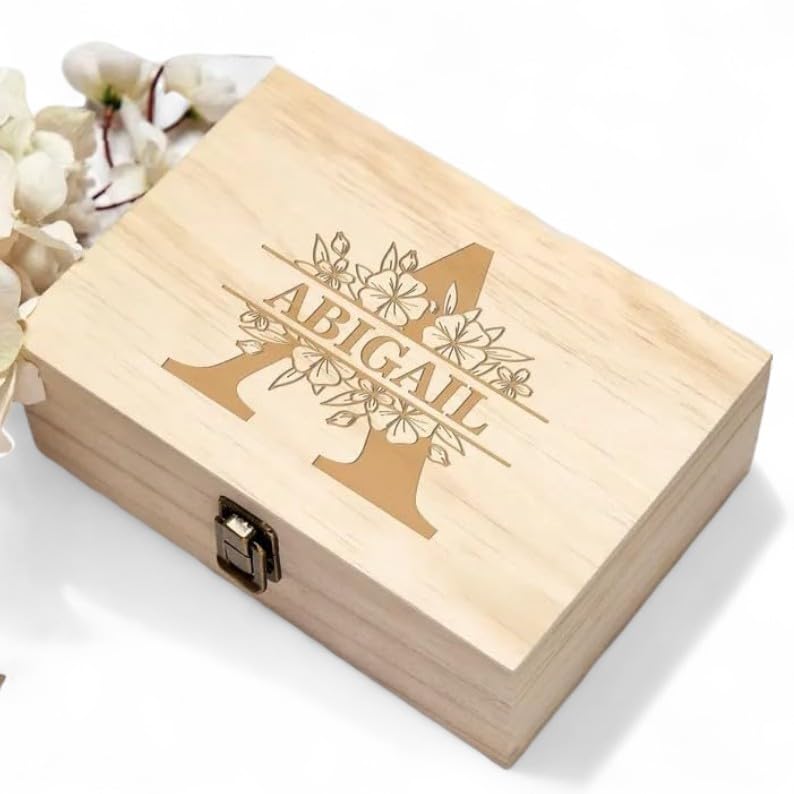 Personalized Floral Monogram Box, Engraved Bridesmaid & Maid of Honor Gift | Add initial & name. Holds jewelry, photos & mementos. 4 sizes, 4 finishes & optional inside engraving for bridal party gifts. - style: 3. Monogram Designs