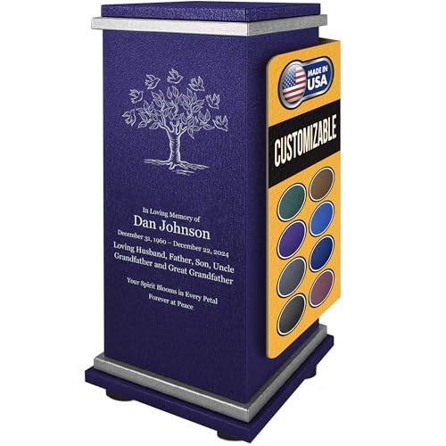 Amaranthine Urn Decorative Cremation Urns for Human Ashes - Customizable Text, Color, Base, Metal Funeral Urns for Adult Men & Women, Burial Memorial Keepsake, USA Made, Tree & Birds Urn, Base & Trim - size: With Base & Trim