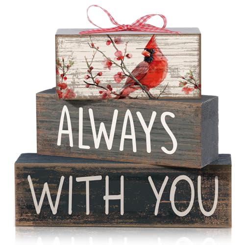 CroBlissful 4 Pcs Cardinal Gift Sympathy Gifts for Loss of Loved One Memorial Wooden Tabletop Decor Remembrance Bereavement Decor Condolence Block Sign for Father Mother Family Friends - color: Multicolor, style: Always with You